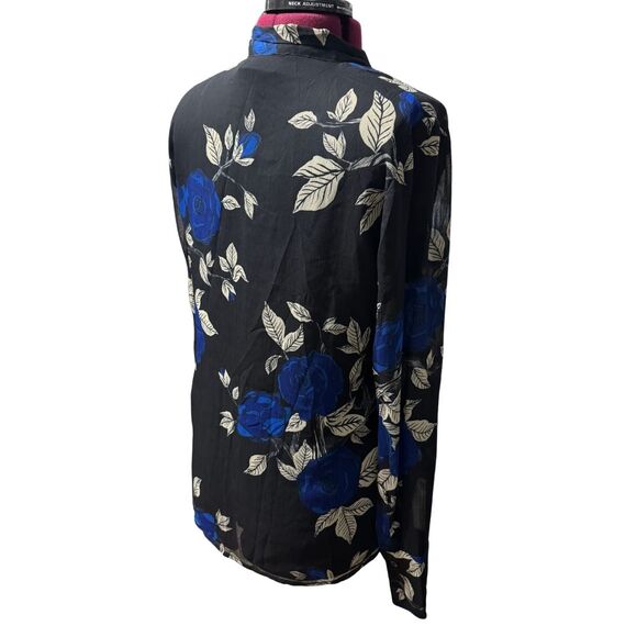 JASON WU COLLECTIVE Blue Floral Tie Neck Blouse Longsleeve Button Down Top EUC 8 - Picture 7 of 8